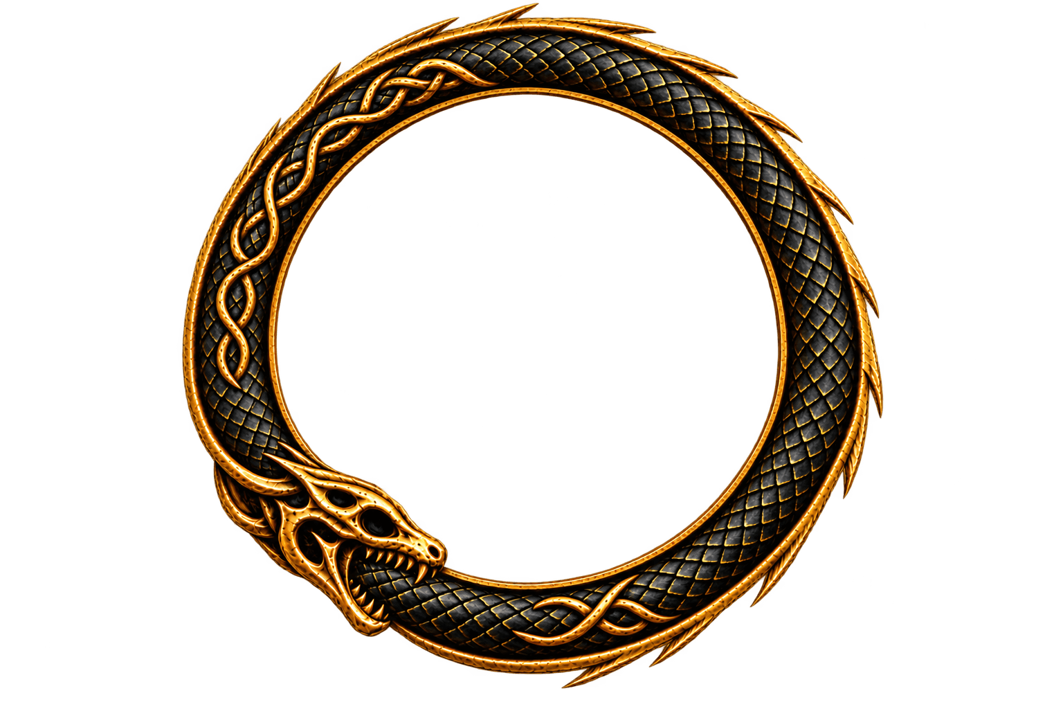 An ouroboros: a serpent devouring its own tail, the circle that closes on itself.